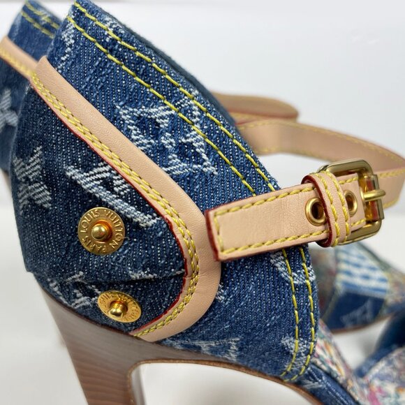Vintage Louis Vuitton Blue Denim Monogram Heels | Unique Patchwork | S 38.5 EUC - Picture 8 of 14